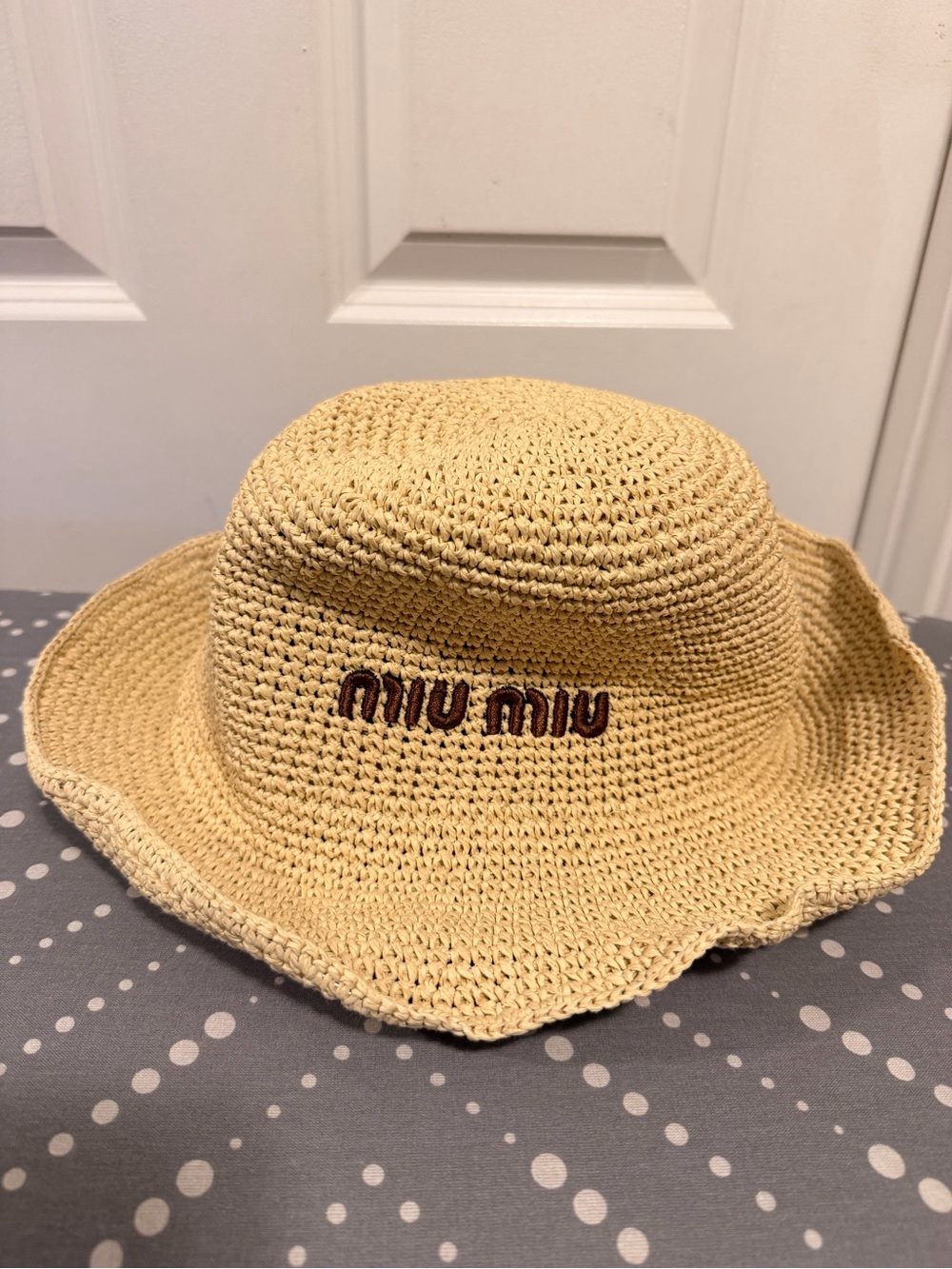Miu Miu Beige Straw Kids Sun Hat with Brown Logo